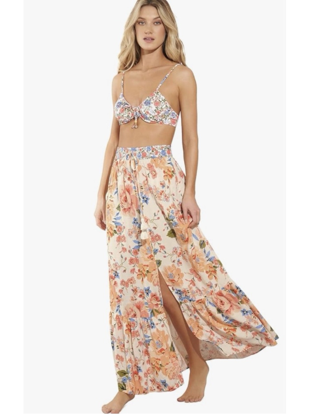 Stunning Floral Maxi Skirt/Dress with Side Slit Size Large 🧡